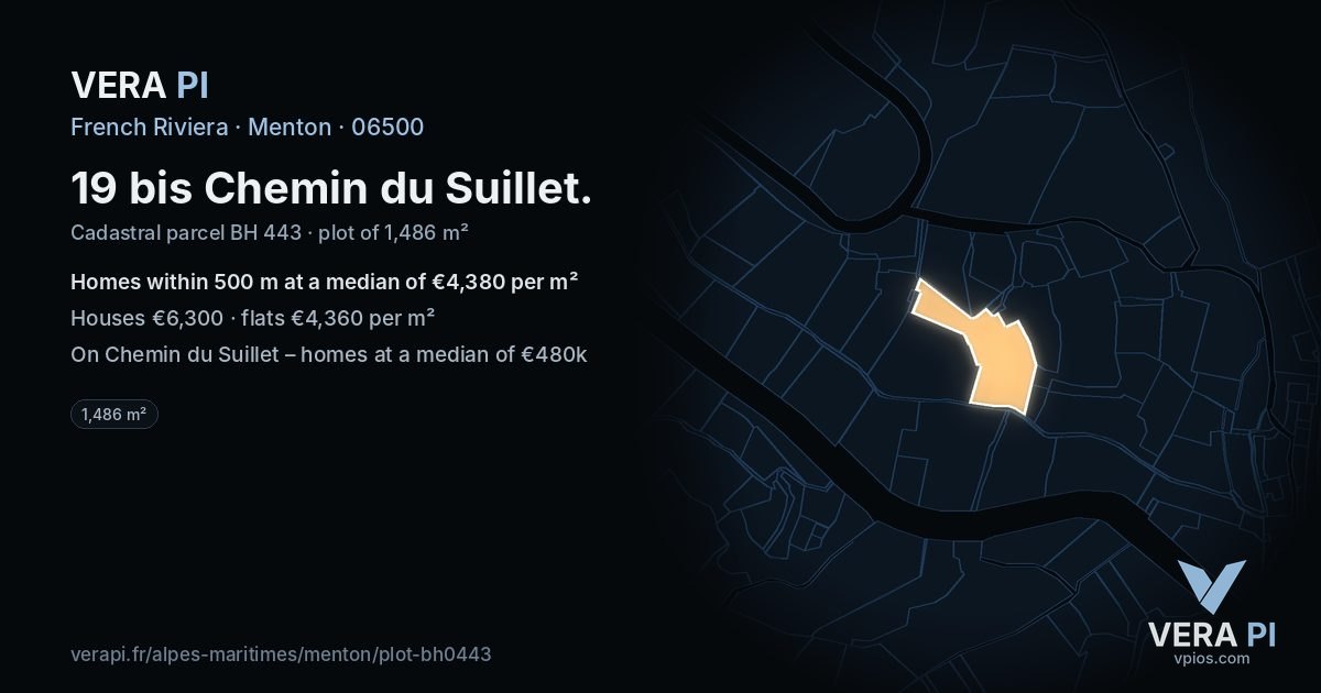 19 bis Chemin du Suillet, Menton at night – the plot lit, the parcels around coloured by the prices near them