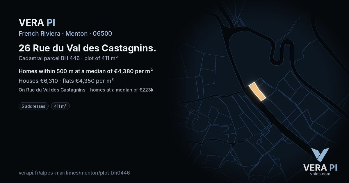 26 Rue du Val des Castagnins, Menton at night – the plot lit, the parcels around coloured by the prices near them