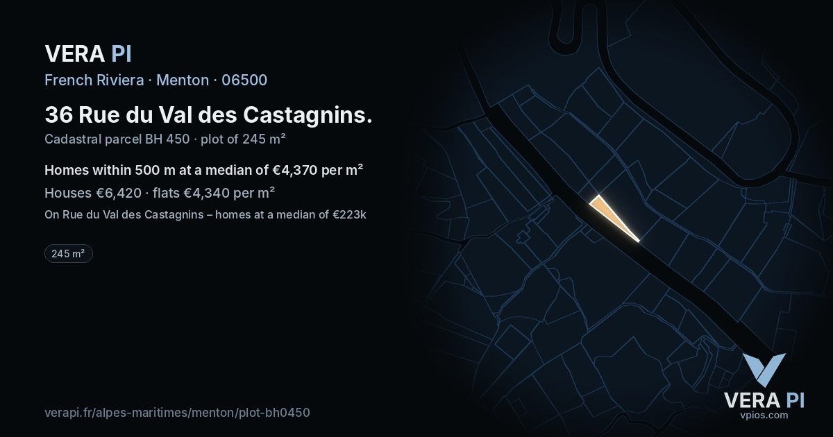 36 Rue du Val des Castagnins, Menton at night – the plot lit, the parcels around coloured by the prices near them