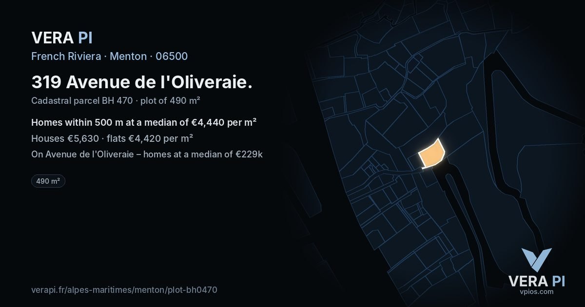 319 Avenue de l'Oliveraie, Menton at night – the plot lit, the parcels around coloured by the prices near them