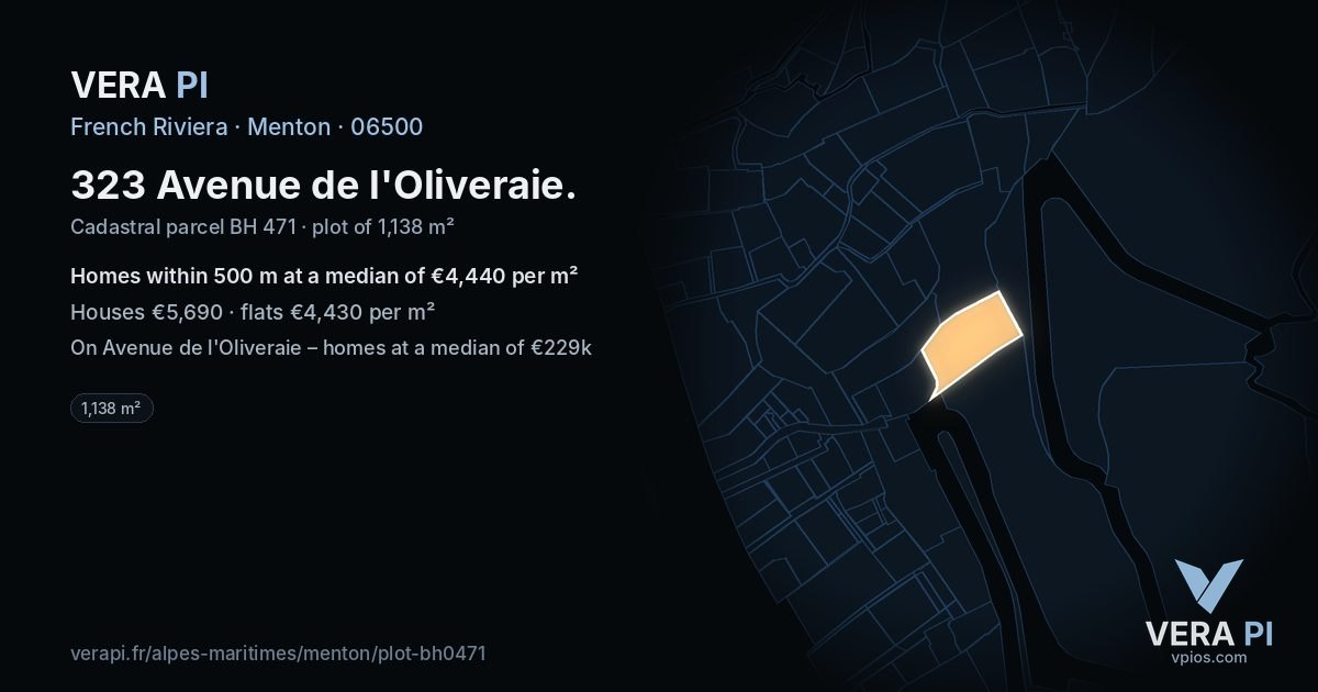 323 Avenue de l'Oliveraie, Menton at night – the plot lit, the parcels around coloured by the prices near them