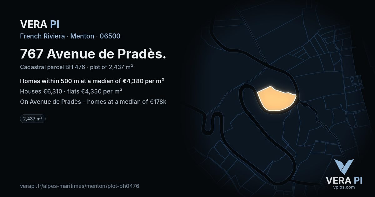 767 Avenue de Pradès, Menton at night – the plot lit, the parcels around coloured by the prices near them