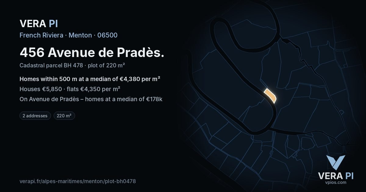 456 Avenue de Pradès, Menton at night – the plot lit, the parcels around coloured by the prices near them
