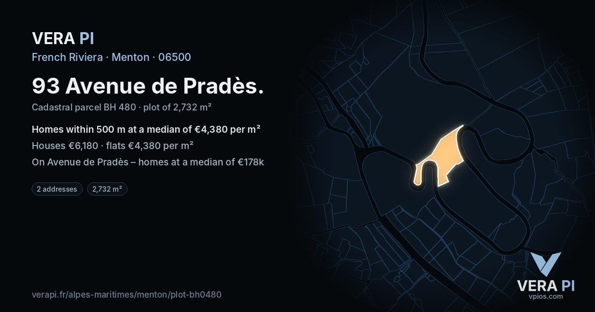 93 Avenue de Pradès, Menton at night – the plot lit, the parcels around coloured by the prices near them