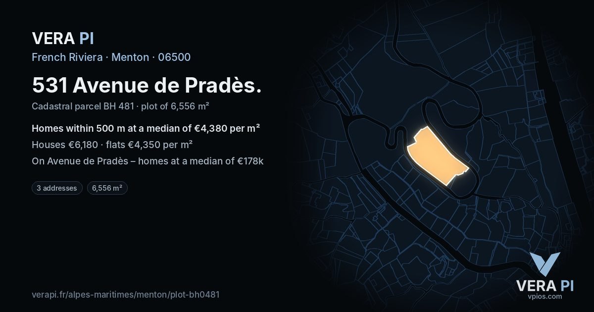 531 Avenue de Pradès, Menton at night – the plot lit, the parcels around coloured by the prices near them