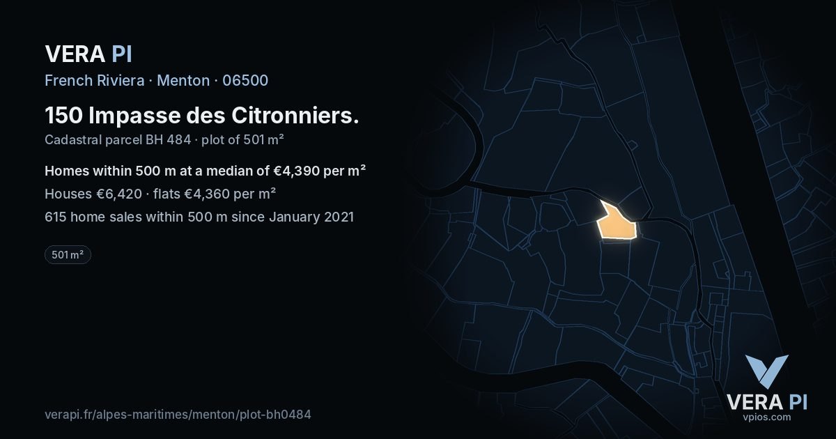 150 Impasse des Citronniers, Menton at night – the plot lit, the parcels around coloured by the prices near them