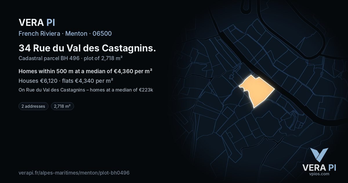 34 Rue du Val des Castagnins, Menton at night – the plot lit, the parcels around coloured by the prices near them