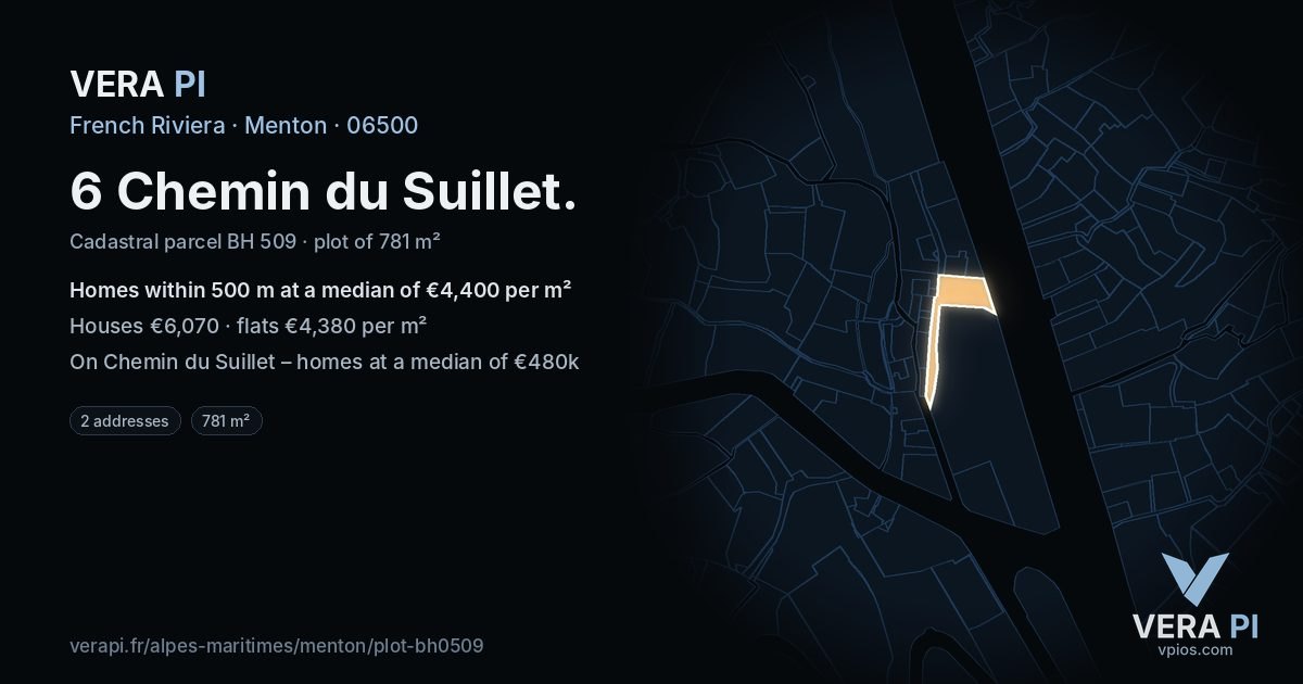 6 Chemin du Suillet, Menton at night – the plot lit, the parcels around coloured by the prices near them