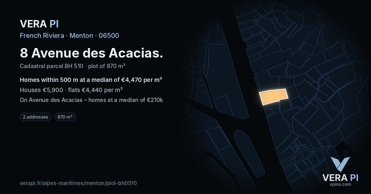 8 Avenue des Acacias, Menton at night – the plot lit, the parcels around coloured by the prices near them