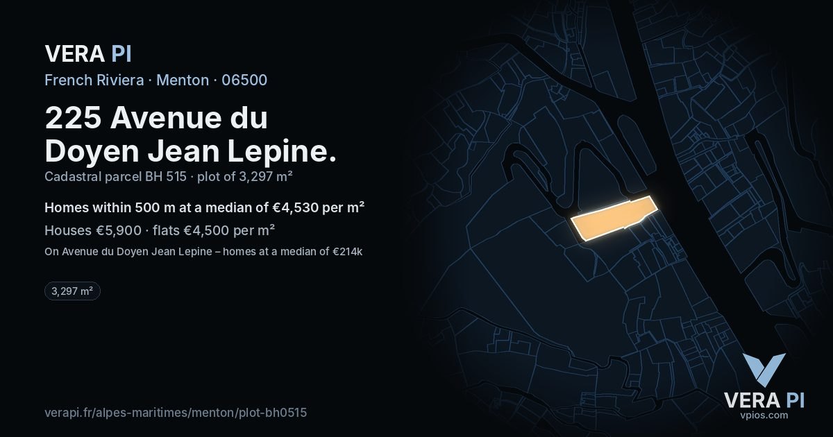 225 Avenue du Doyen Jean Lepine, Menton at night – the plot lit, the parcels around coloured by the prices near them