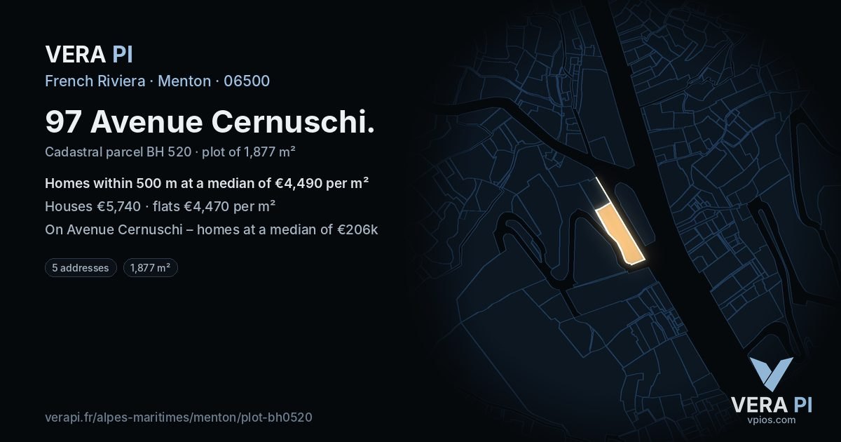 97 Avenue Cernuschi, Menton at night – the plot lit, the parcels around coloured by the prices near them