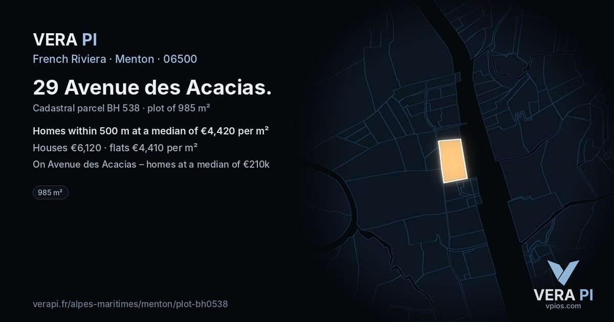 29 Avenue des Acacias, Menton at night – the plot lit, the parcels around coloured by the prices near them