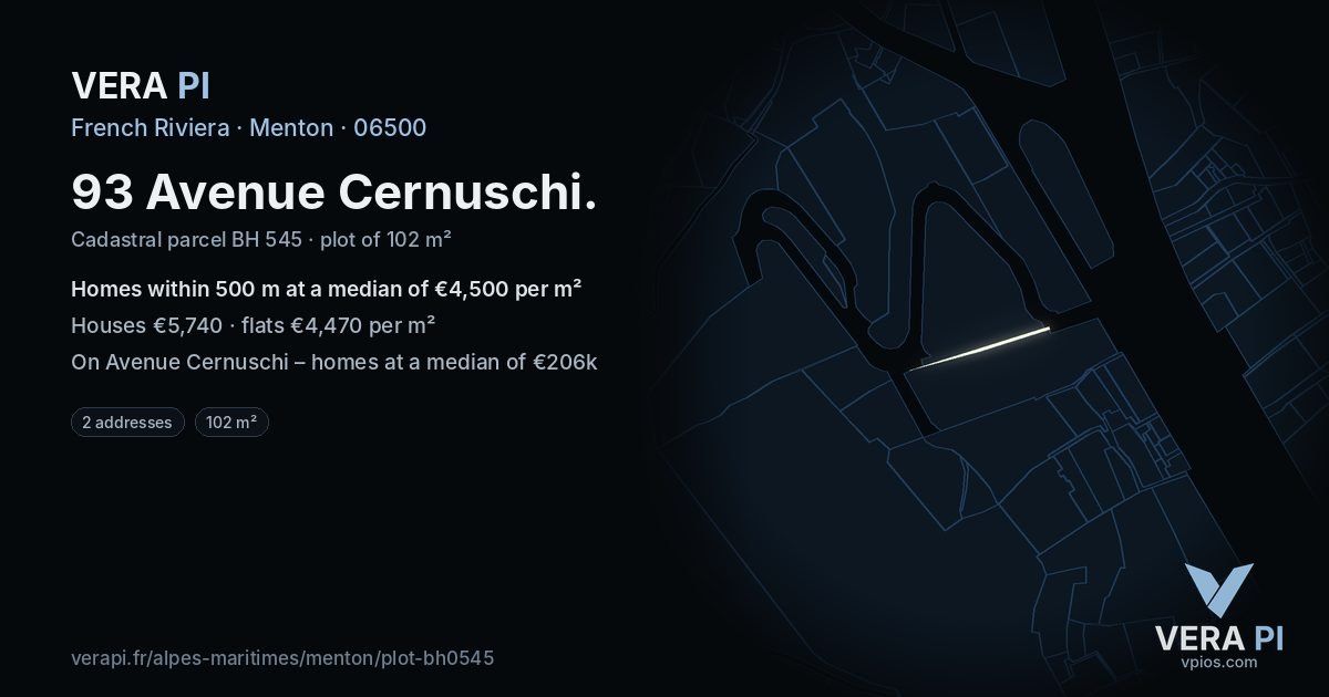 93 Avenue Cernuschi, Menton at night – the plot lit, the parcels around coloured by the prices near them