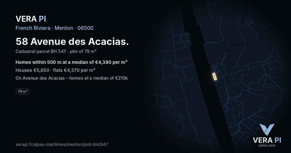 58 Avenue des Acacias, Menton at night – the plot lit, the parcels around coloured by the prices near them