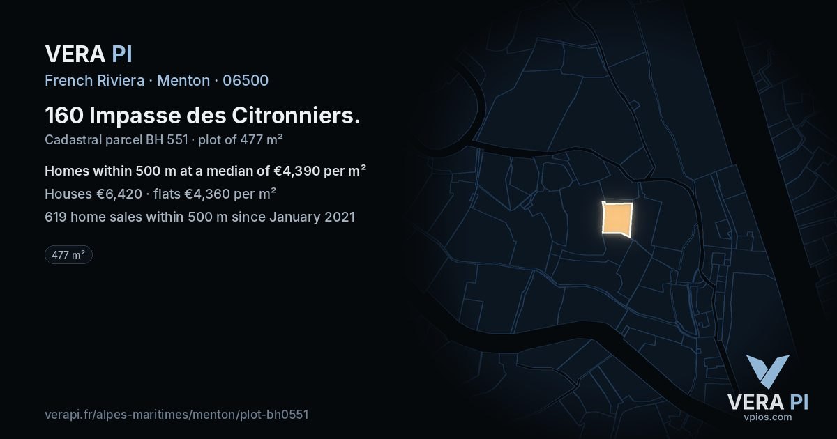 160 Impasse des Citronniers, Menton at night – the plot lit, the parcels around coloured by the prices near them