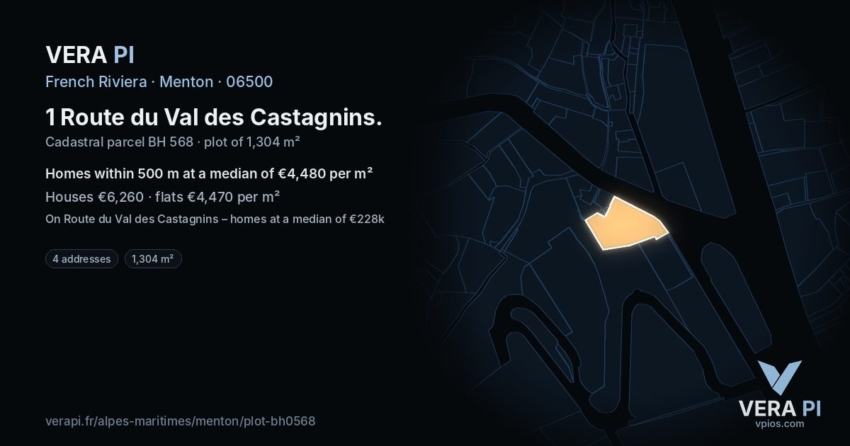 1 Route du Val des Castagnins, Menton at night – the plot lit, the parcels around coloured by the prices near them