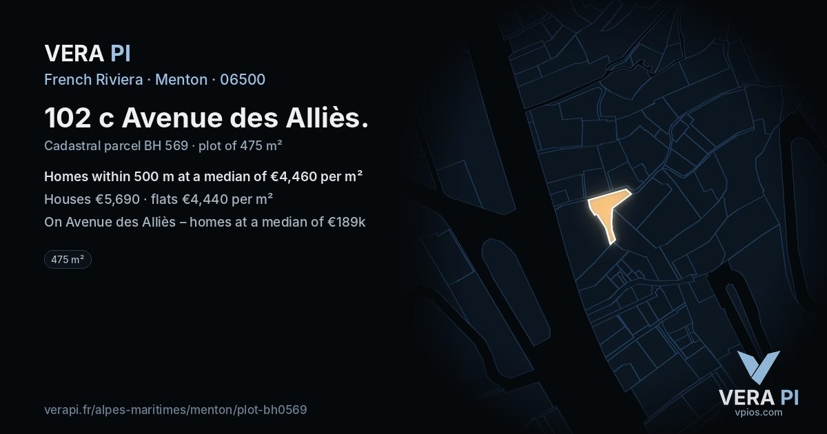 102 c Avenue des Alliès, Menton at night – the plot lit, the parcels around coloured by the prices near them