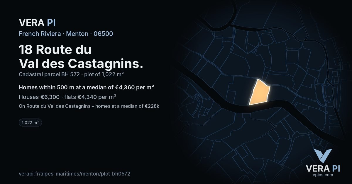 18 Route du Val des Castagnins, Menton at night – the plot lit, the parcels around coloured by the prices near them