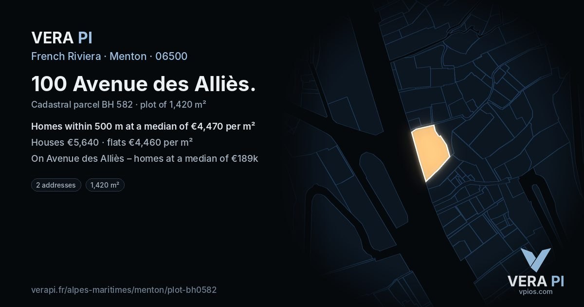 100 Avenue des Alliès, Menton at night – the plot lit, the parcels around coloured by the prices near them