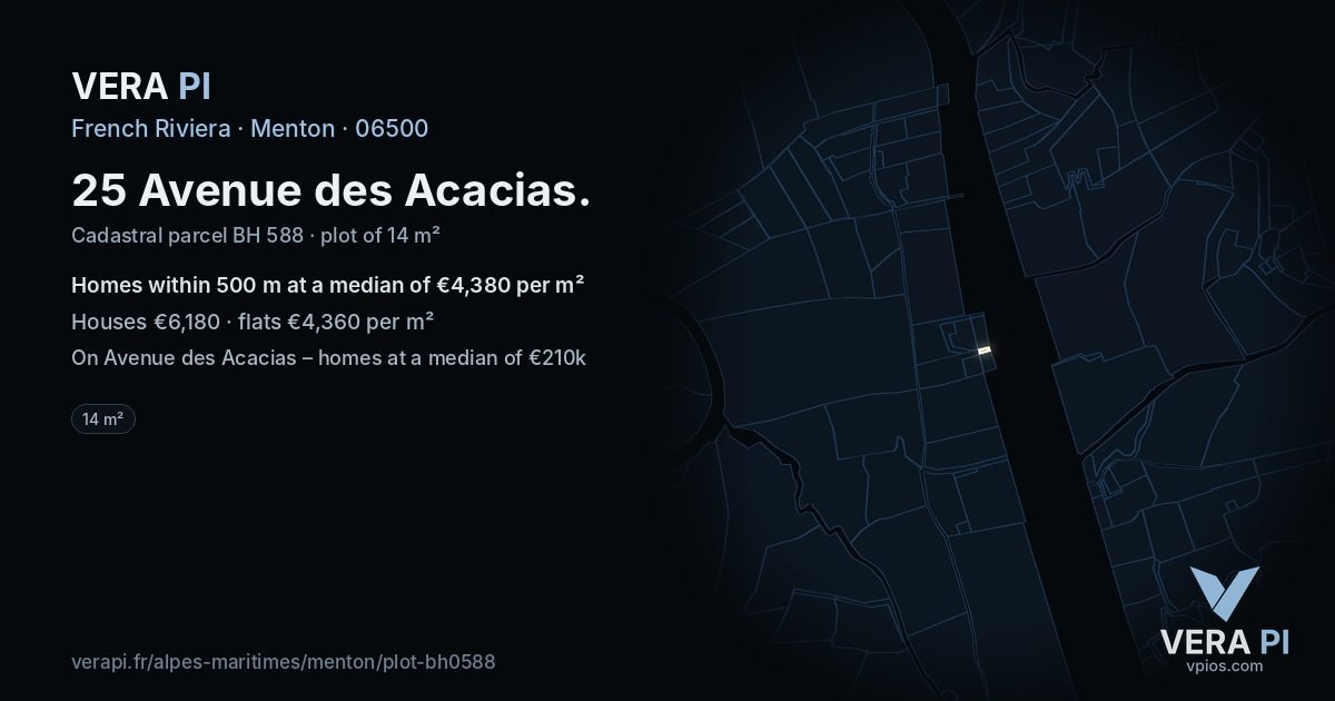 25 Avenue des Acacias, Menton at night – the plot lit, the parcels around coloured by the prices near them