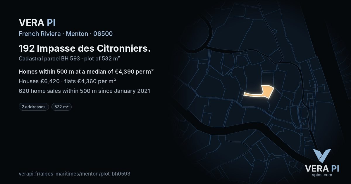 192 Impasse des Citronniers, Menton at night – the plot lit, the parcels around coloured by the prices near them