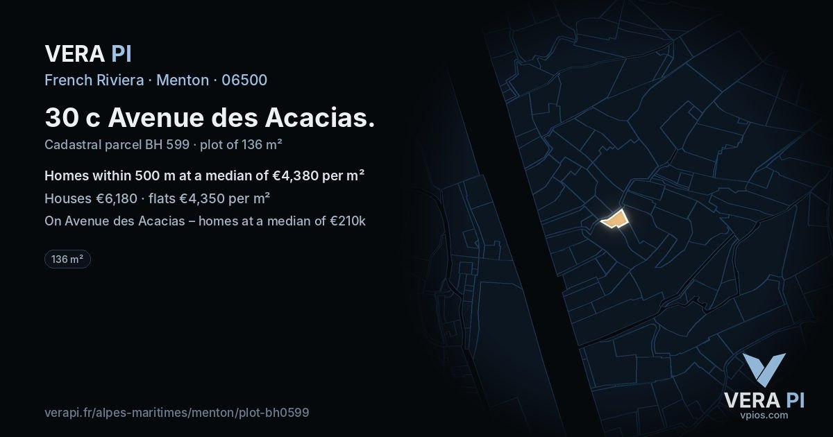 30 c Avenue des Acacias, Menton at night – the plot lit, the parcels around coloured by the prices near them