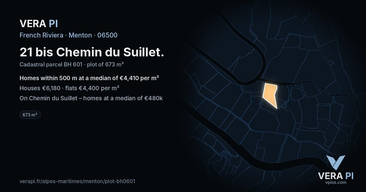 21 bis Chemin du Suillet, Menton at night – the plot lit, the parcels around coloured by the prices near them