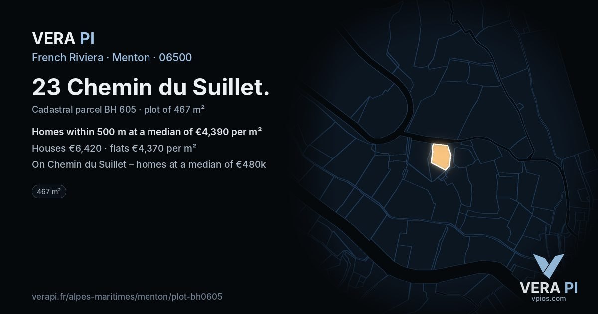 23 Chemin du Suillet, Menton at night – the plot lit, the parcels around coloured by the prices near them