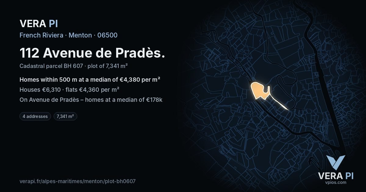 112 Avenue de Pradès, Menton at night – the plot lit, the parcels around coloured by the prices near them