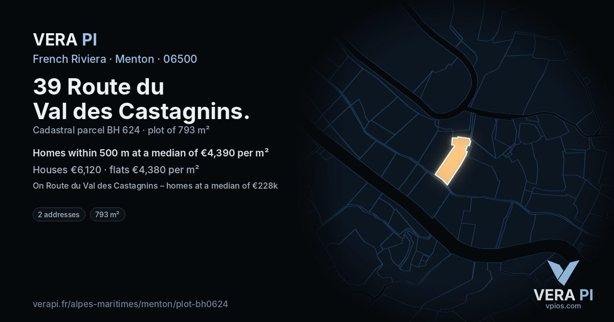 39 Route du Val des Castagnins, Menton at night – the plot lit, the parcels around coloured by the prices near them