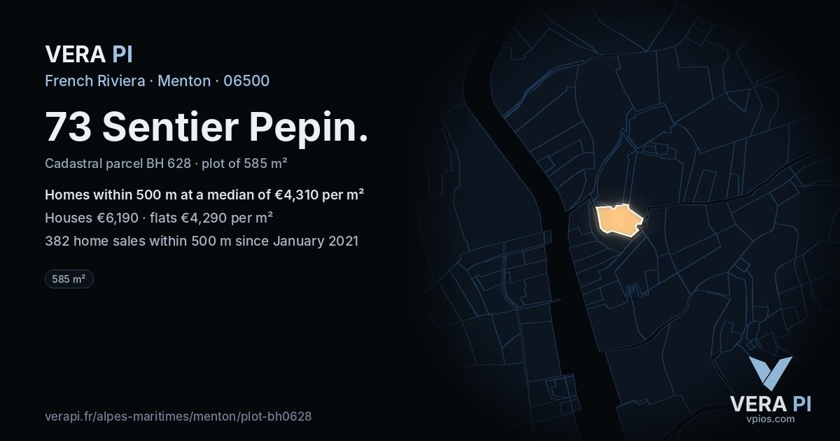 73 Sentier Pepin, Menton at night – the plot lit, the parcels around coloured by the prices near them