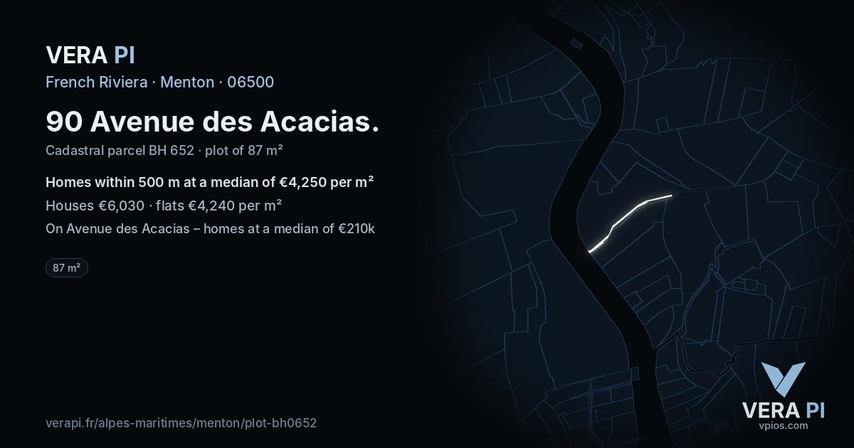 90 Avenue des Acacias, Menton at night – the plot lit, the parcels around coloured by the prices near them