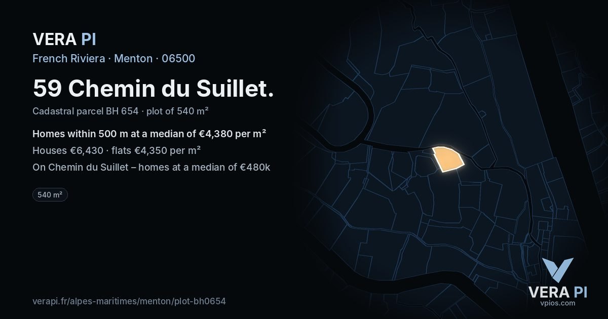 59 Chemin du Suillet, Menton at night – the plot lit, the parcels around coloured by the prices near them