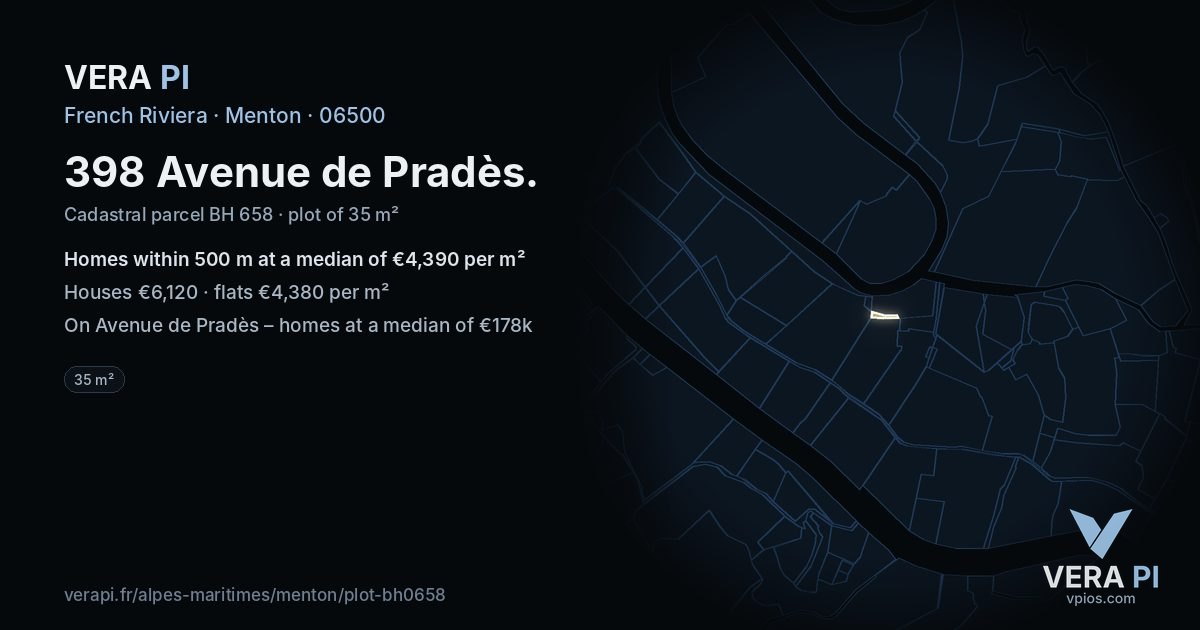 398 Avenue de Pradès, Menton at night – the plot lit, the parcels around coloured by the prices near them