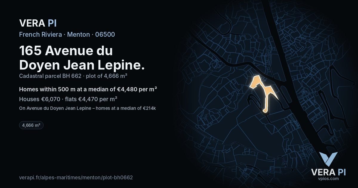 165 Avenue du Doyen Jean Lepine, Menton at night – the plot lit, the parcels around coloured by the prices near them