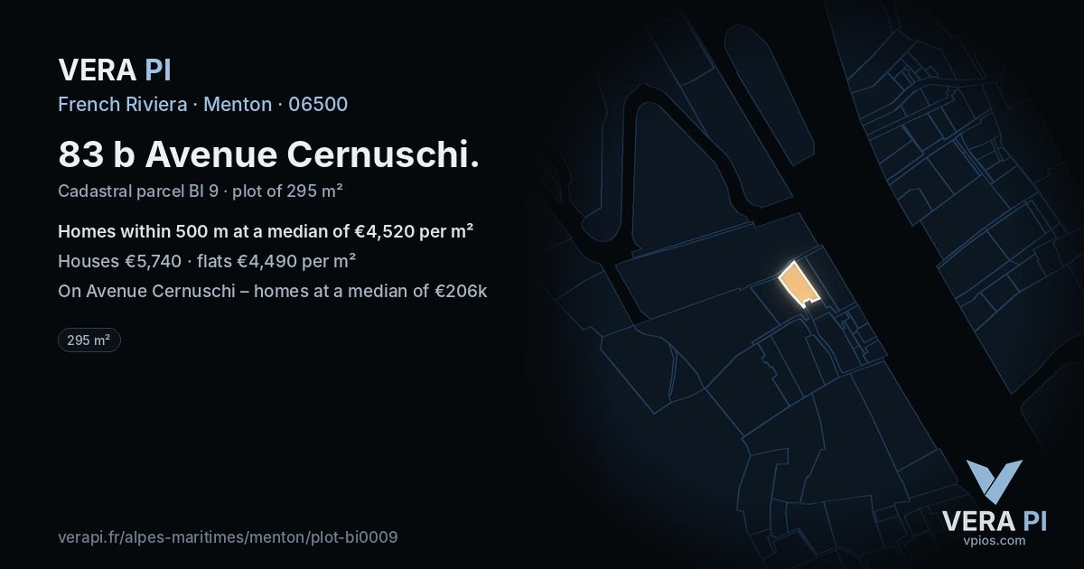 83 b Avenue Cernuschi, Menton at night – the plot lit, the parcels around coloured by the prices near them