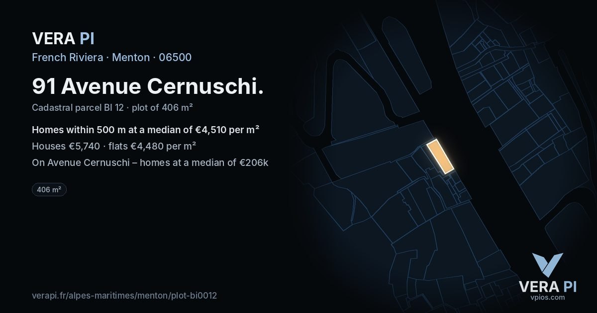 91 Avenue Cernuschi, Menton at night – the plot lit, the parcels around coloured by the prices near them