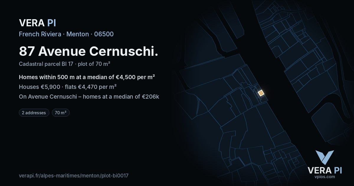 87 Avenue Cernuschi, Menton at night – the plot lit, the parcels around coloured by the prices near them