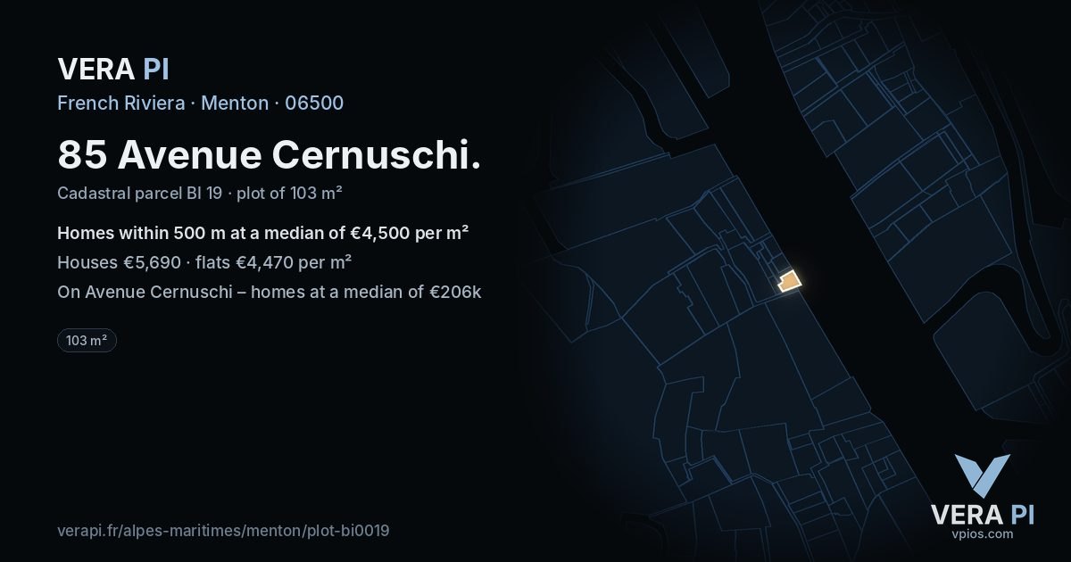 85 Avenue Cernuschi, Menton at night – the plot lit, the parcels around coloured by the prices near them