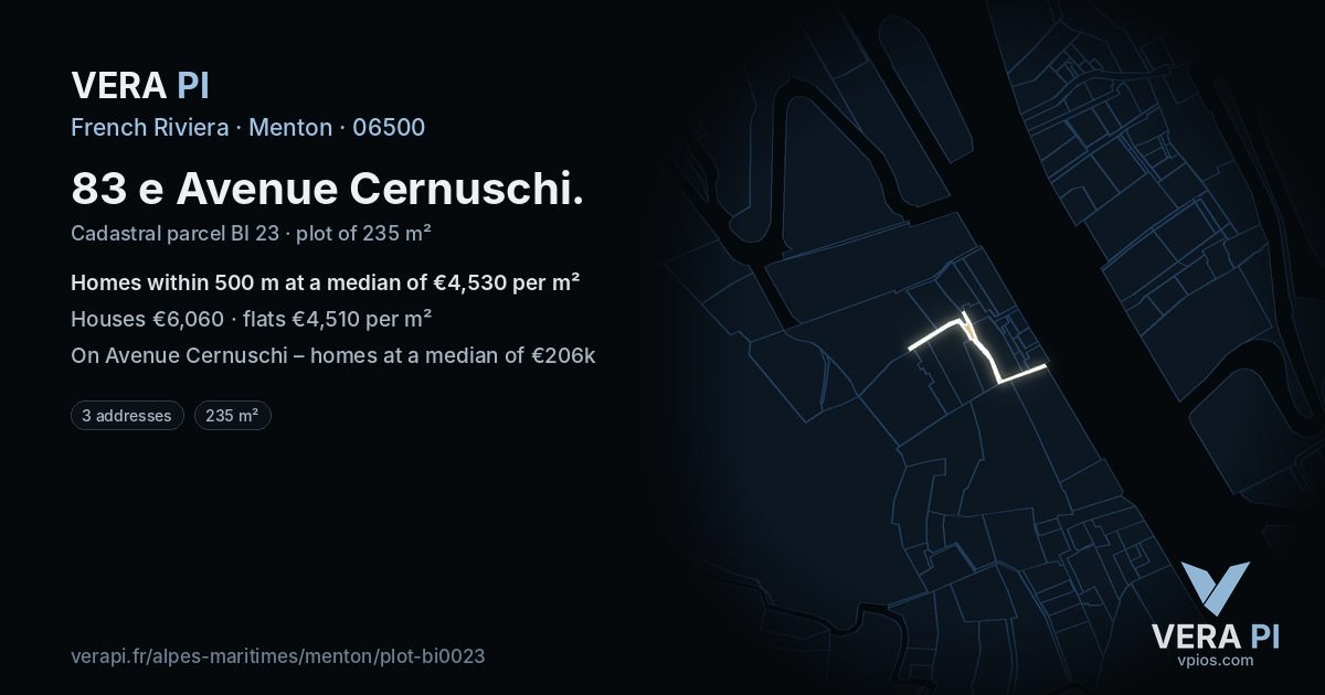 83 e Avenue Cernuschi, Menton at night – the plot lit, the parcels around coloured by the prices near them