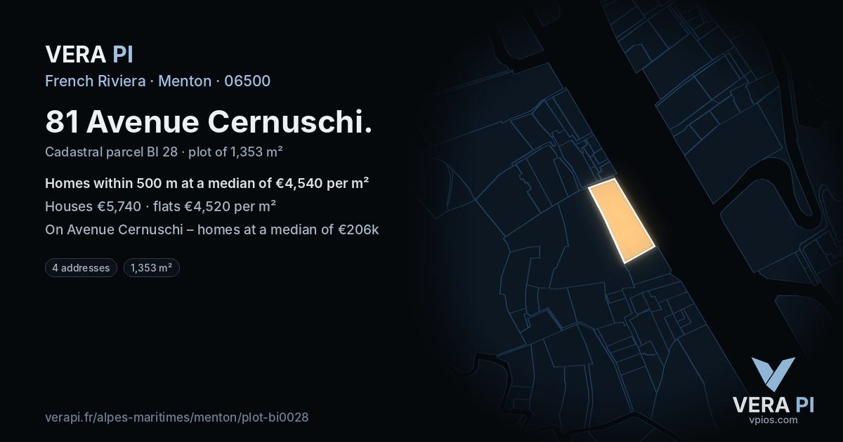 81 Avenue Cernuschi, Menton at night – the plot lit, the parcels around coloured by the prices near them