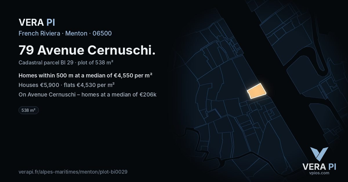 79 Avenue Cernuschi, Menton at night – the plot lit, the parcels around coloured by the prices near them