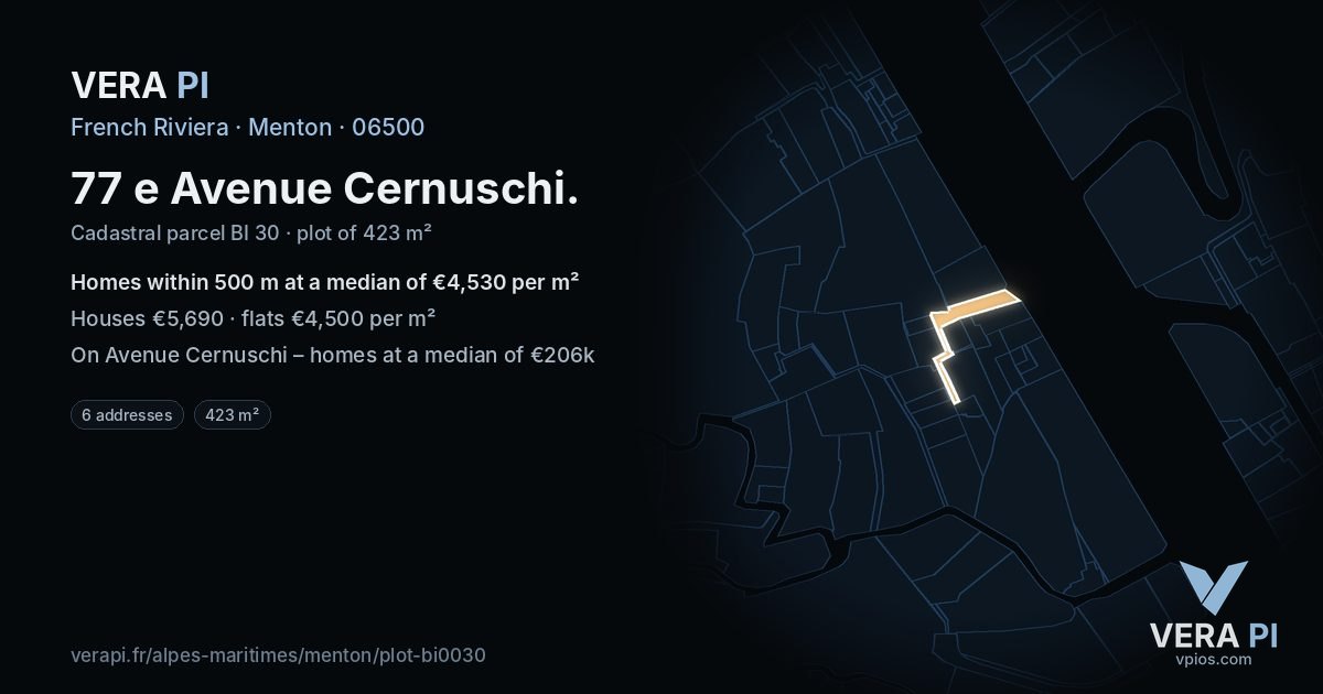 77 e Avenue Cernuschi, Menton at night – the plot lit, the parcels around coloured by the prices near them