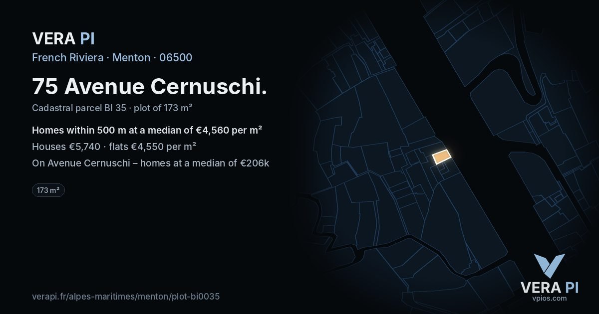 75 Avenue Cernuschi, Menton at night – the plot lit, the parcels around coloured by the prices near them