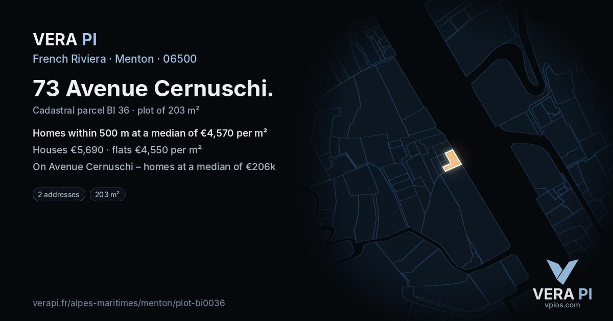 73 Avenue Cernuschi, Menton at night – the plot lit, the parcels around coloured by the prices near them
