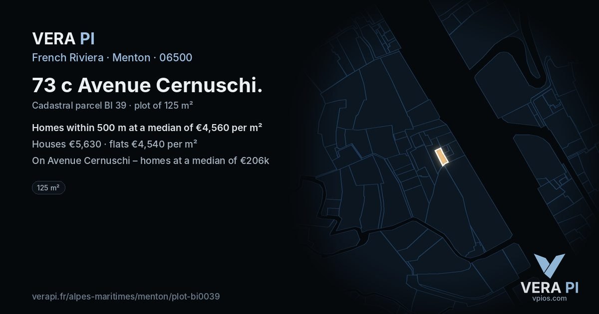 73 c Avenue Cernuschi, Menton at night – the plot lit, the parcels around coloured by the prices near them
