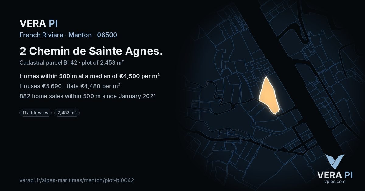 2 Chemin de Sainte Agnes, Menton at night – the plot lit, the parcels around coloured by the prices near them