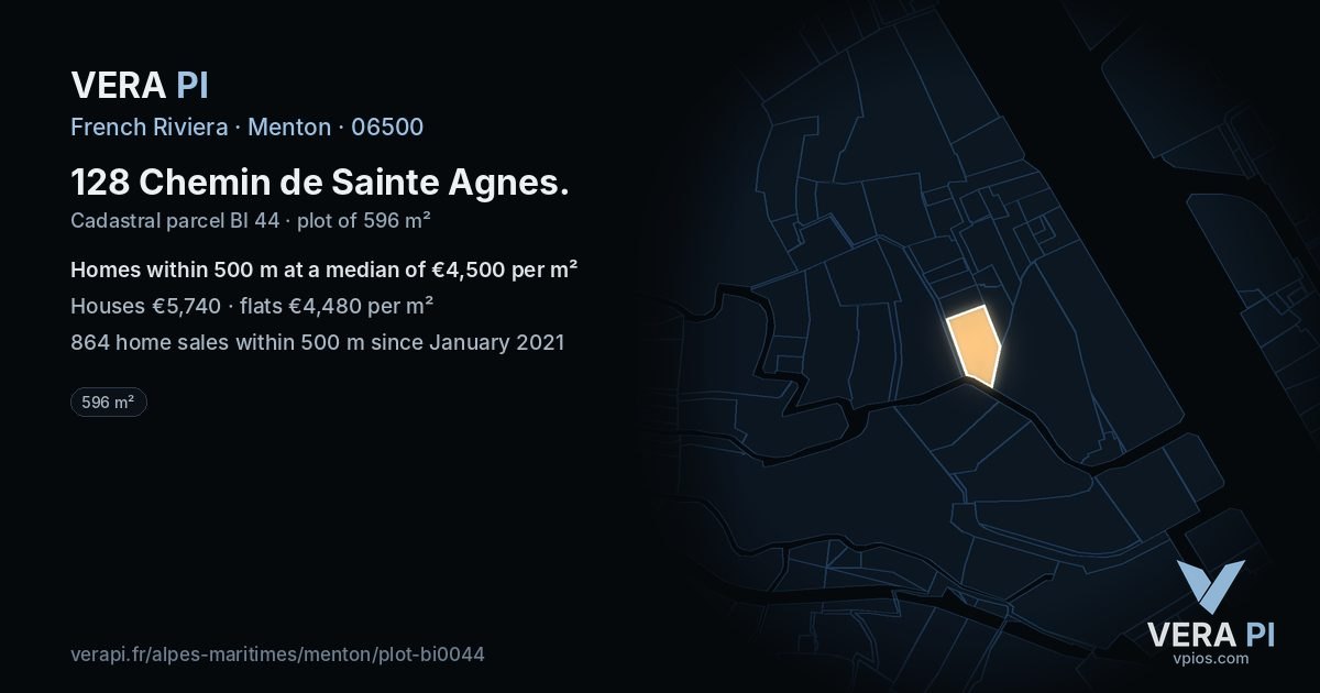 128 Chemin de Sainte Agnes, Menton at night – the plot lit, the parcels around coloured by the prices near them