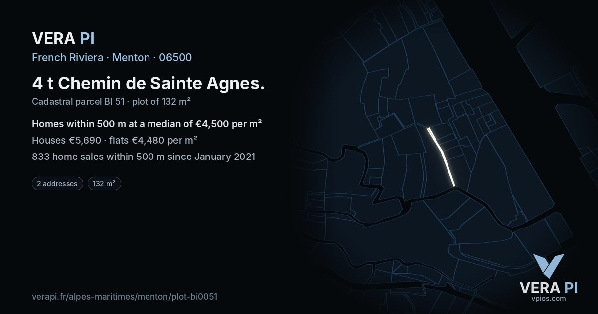 4 t Chemin de Sainte Agnes, Menton at night – the plot lit, the parcels around coloured by the prices near them