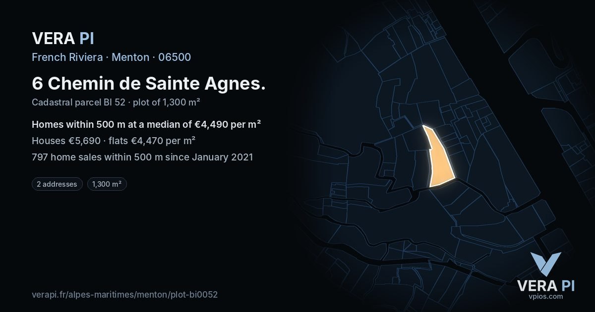 6 Chemin de Sainte Agnes, Menton at night – the plot lit, the parcels around coloured by the prices near them